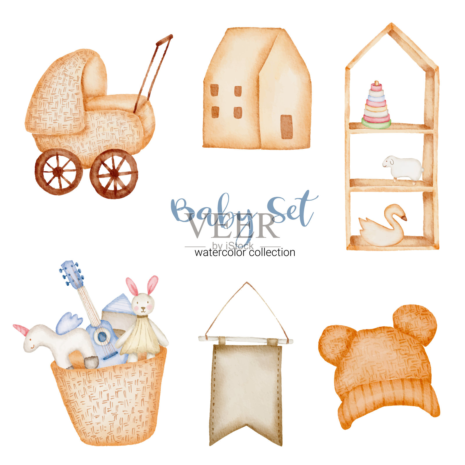 一套美丽的独立部分的衣服,婴儿项目和玩具在水彩插画图片素材