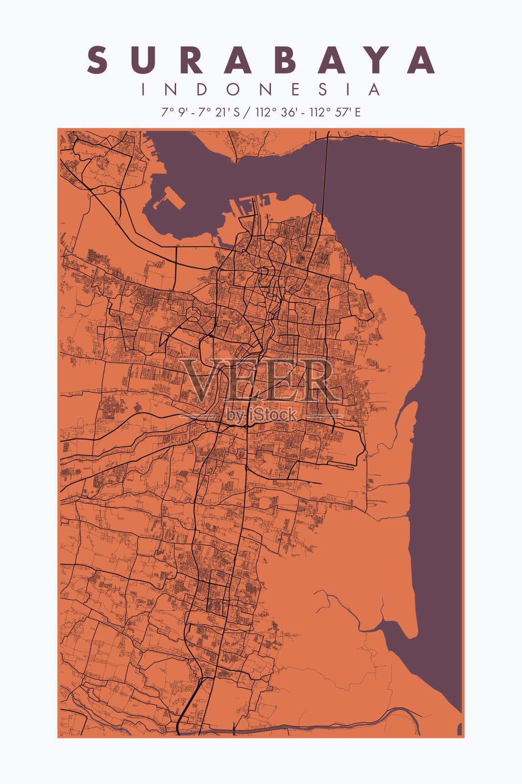 极简泗水城市地图印刷墙装饰插画图片素材