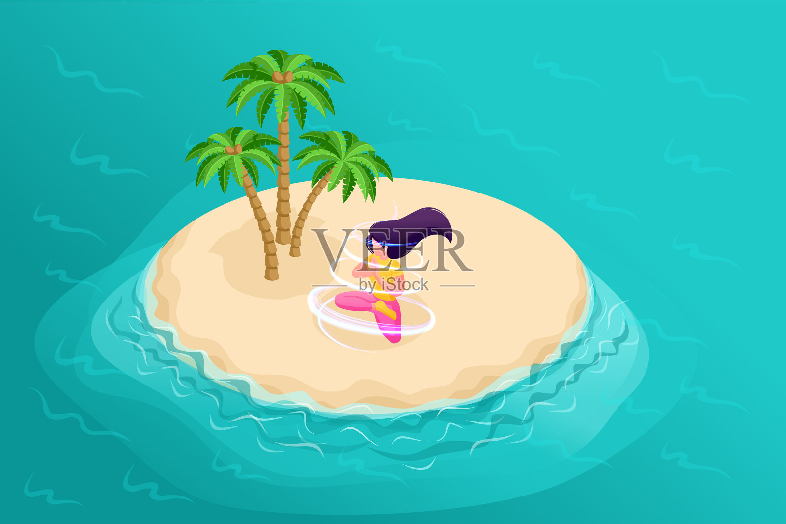 有棕榈树的海上岛屿的三维等距插画图片素材