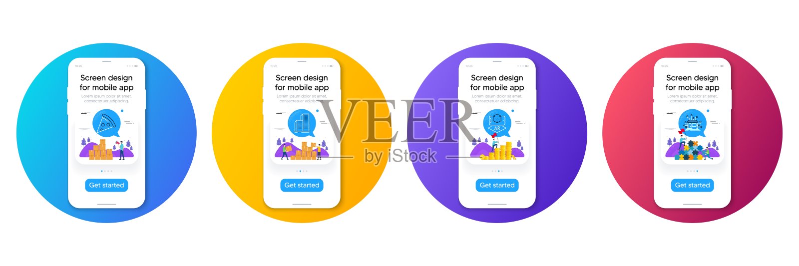 摩天大楼,增强现实和比萨线图标的最小集合。web开发。向量插画图片素材