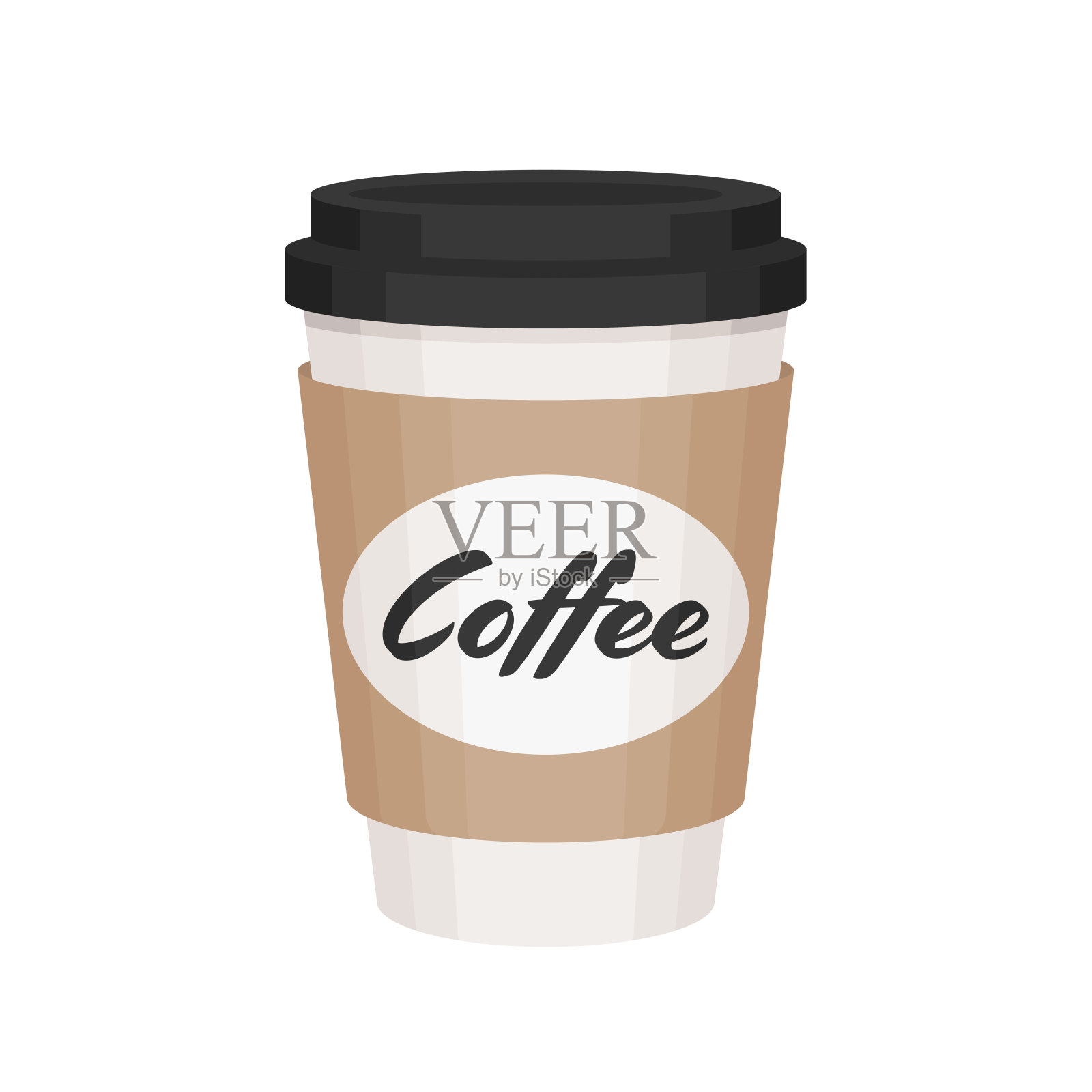 纸咖啡去杯卡通插图与咖啡标志。白色外卖咖啡杯,棕色的袖子和黑色的盖子。孤立的卡通插图在白色的背景。拿铁,卡布奇诺咖啡,美式咖啡插画图片素材