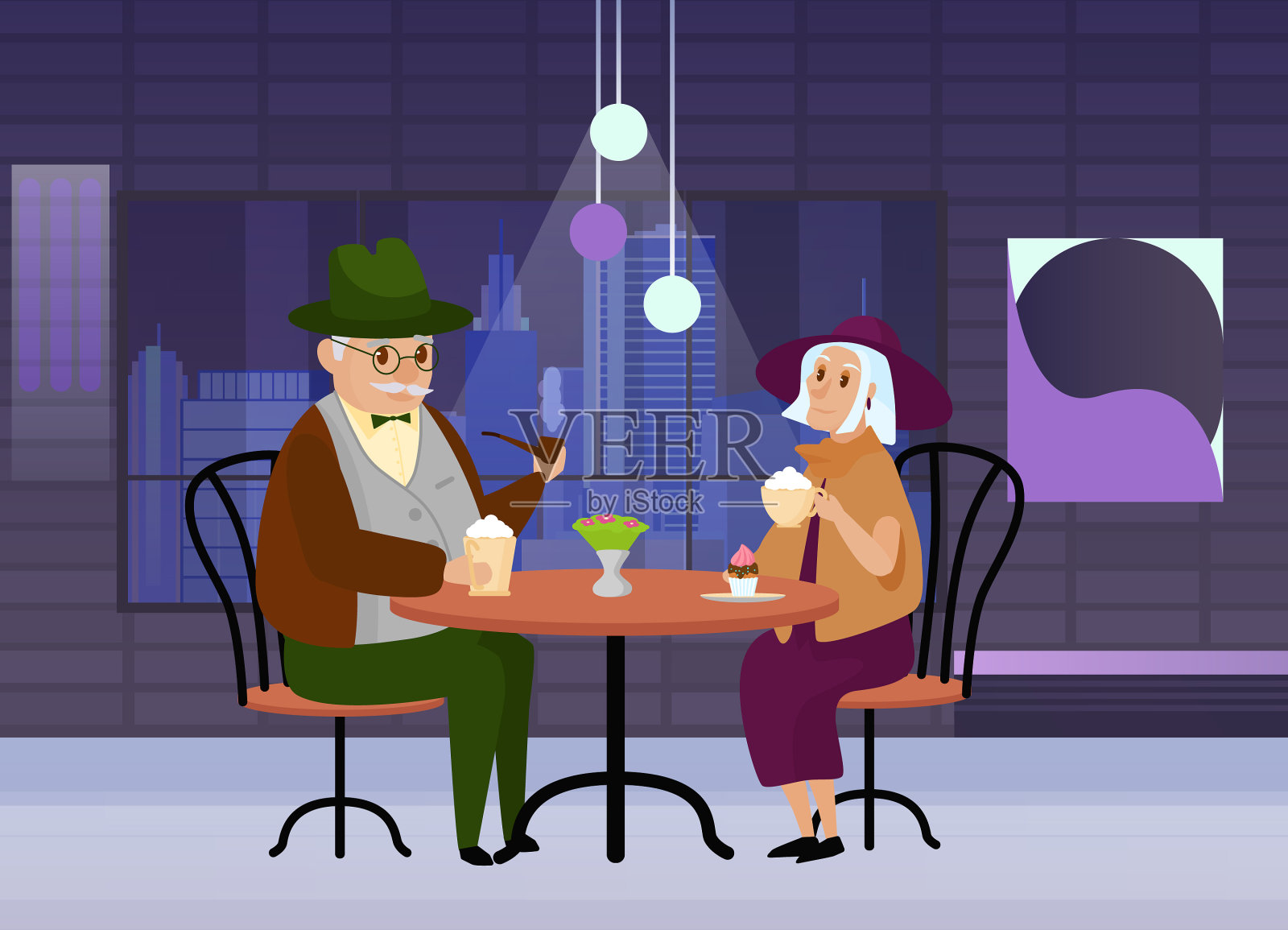 老年夫妇在餐厅用餐插画图片素材