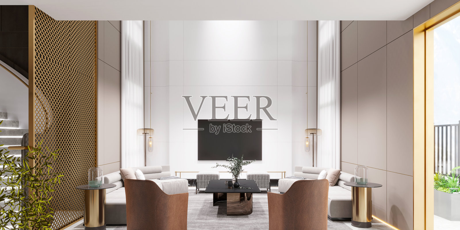 豪华住宅室内,客厅的3d渲染照片摄影图片