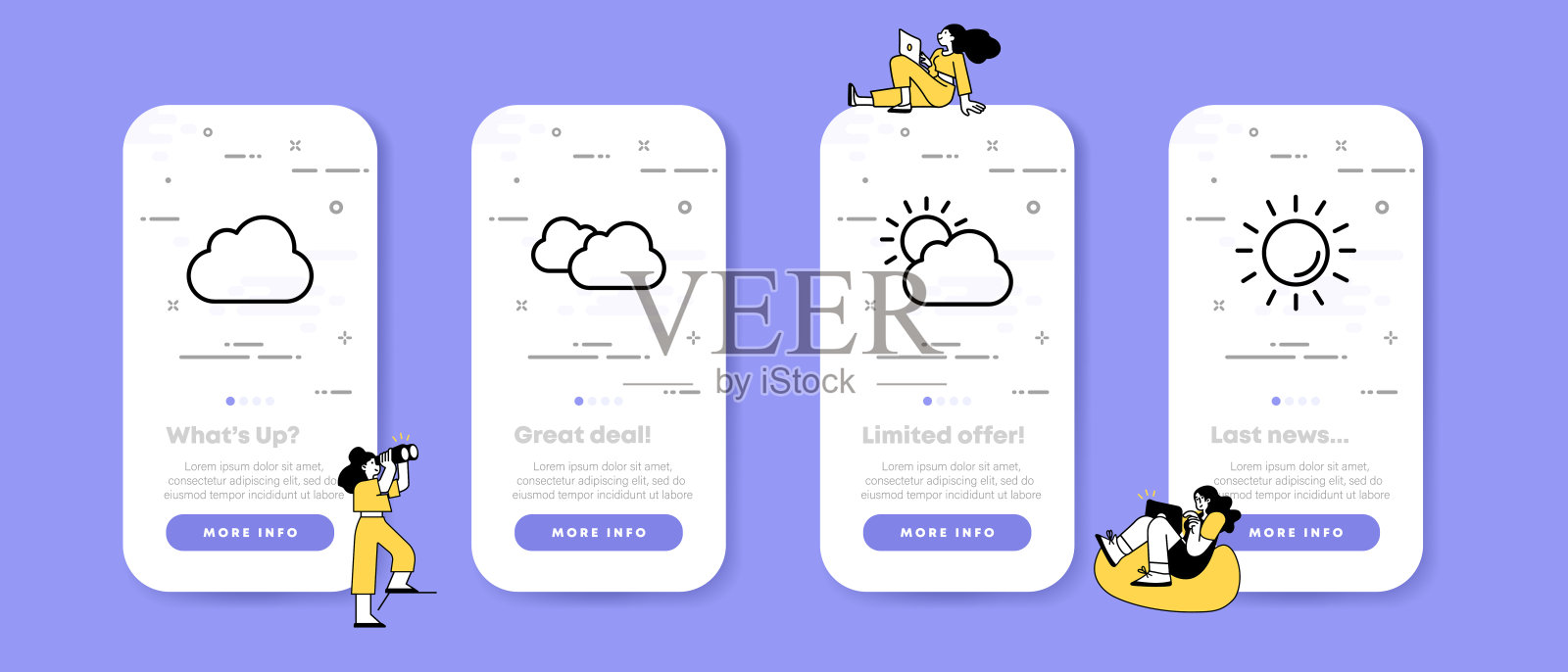 太阳和云彩组成了图标。天气、天空、气候、阴天、晴天。自然的概念。UI手机应用屏幕与人。矢量线图标的业务和广告插画图片素材
