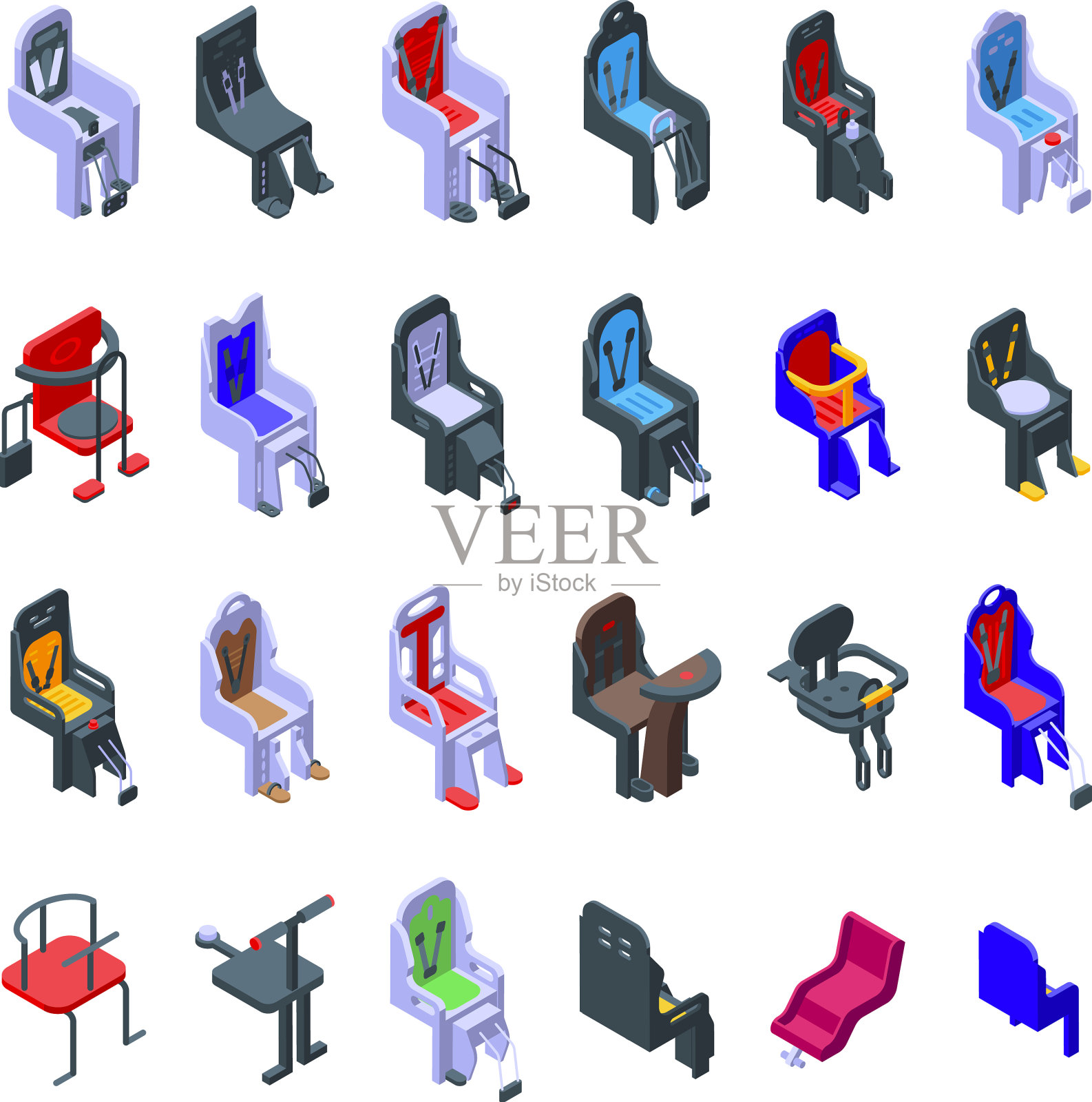 儿童座椅自行车图标设置等距风格图标素材