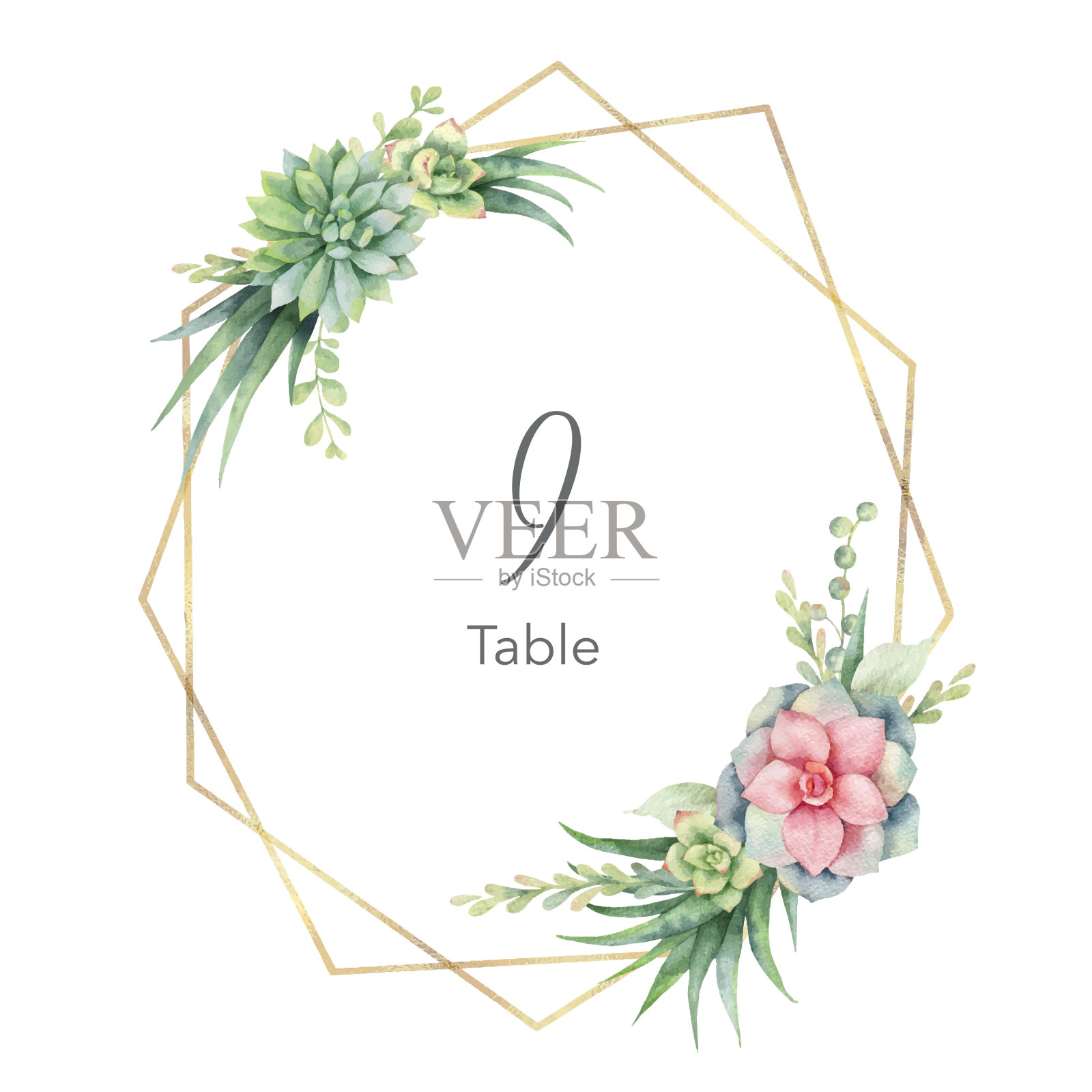 水彩矢量手绘婚礼邀请卡模板。设计有绿色植物、仙人掌和多肉植物。明信片插图,日期保存,贺卡设计,欢迎卡,花卉邀请。插画图片素材