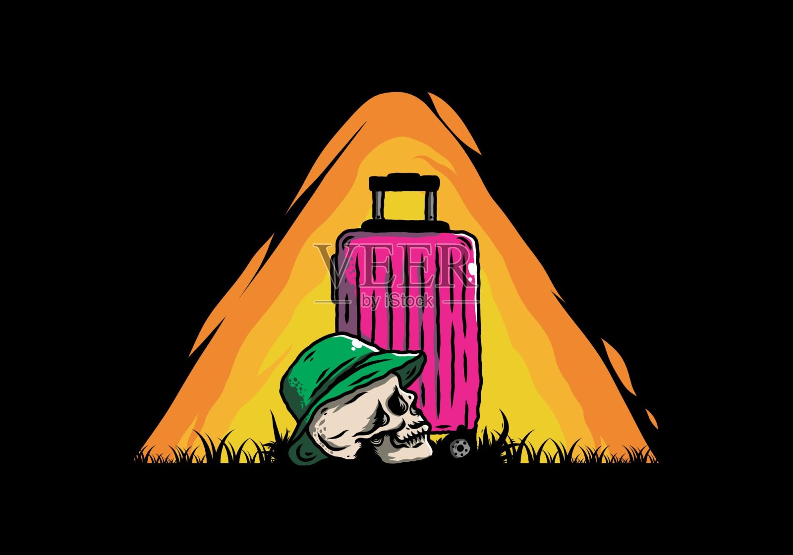 一个带着帽子的骷髅头,上面有旅行箱的插图插画图片素材