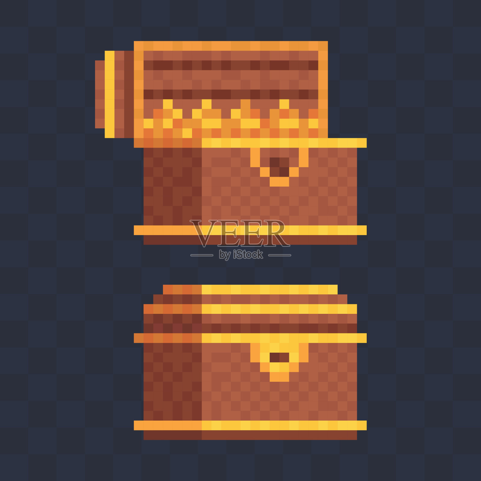 金色的箱子在打开和关闭变化的黑色背景。插图像素艺术风格。“n插画图片素材