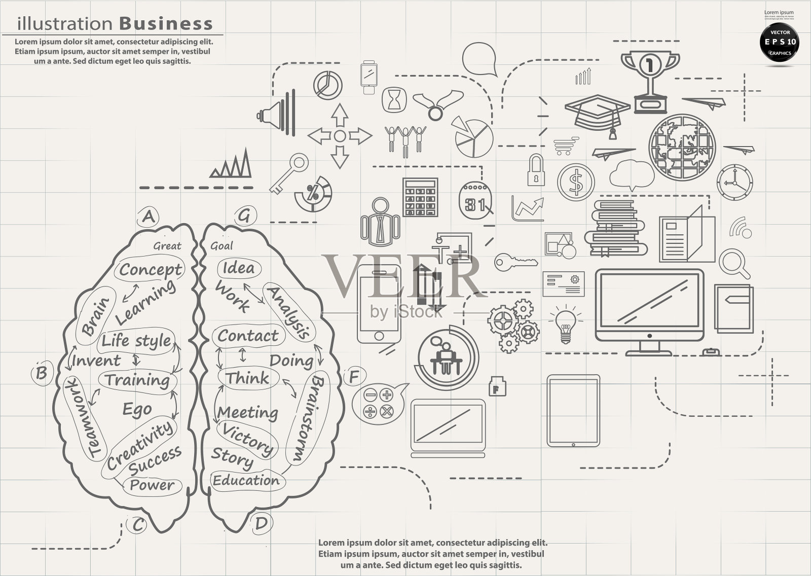 插画商业。设计现代理念和概念思考创意。为头脑风暴,社交网络,成功,计划,思考,搜索,分析,沟通,未来的想法创新技术。插画图片素材
