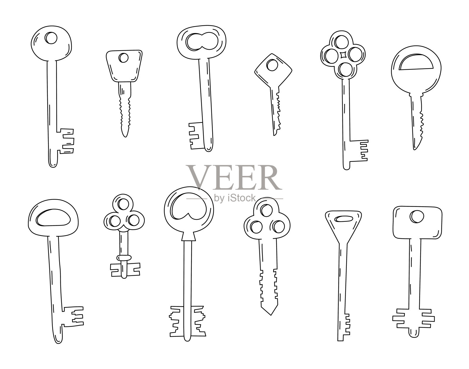 一套涂鸦键。手绘草图图标。标志符号。矢量插图。“n插画图片素材