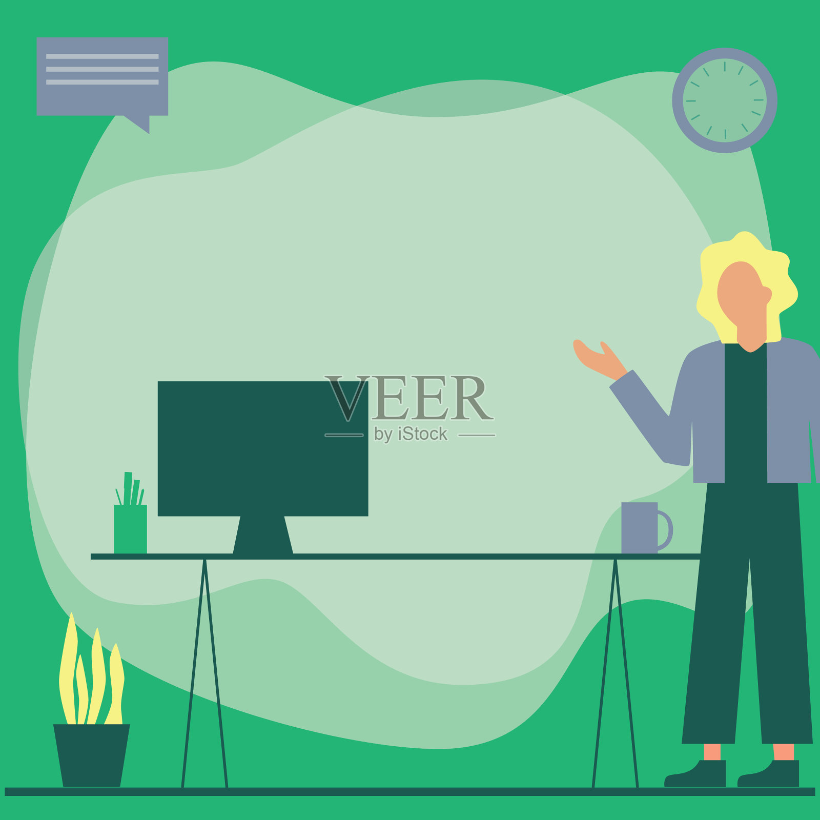 女人站在办公桌上使用笔记本电脑插画图片素材