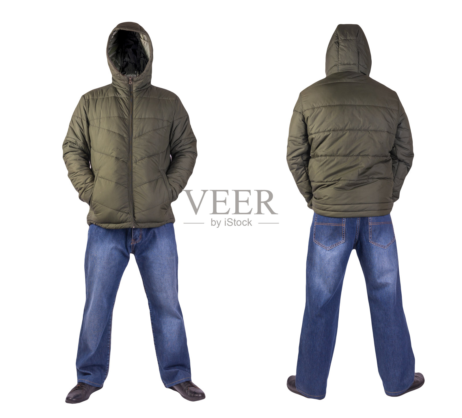 深蓝色牛仔裤,黑色皮鞋,白色背景的夹克。照片摄影图片