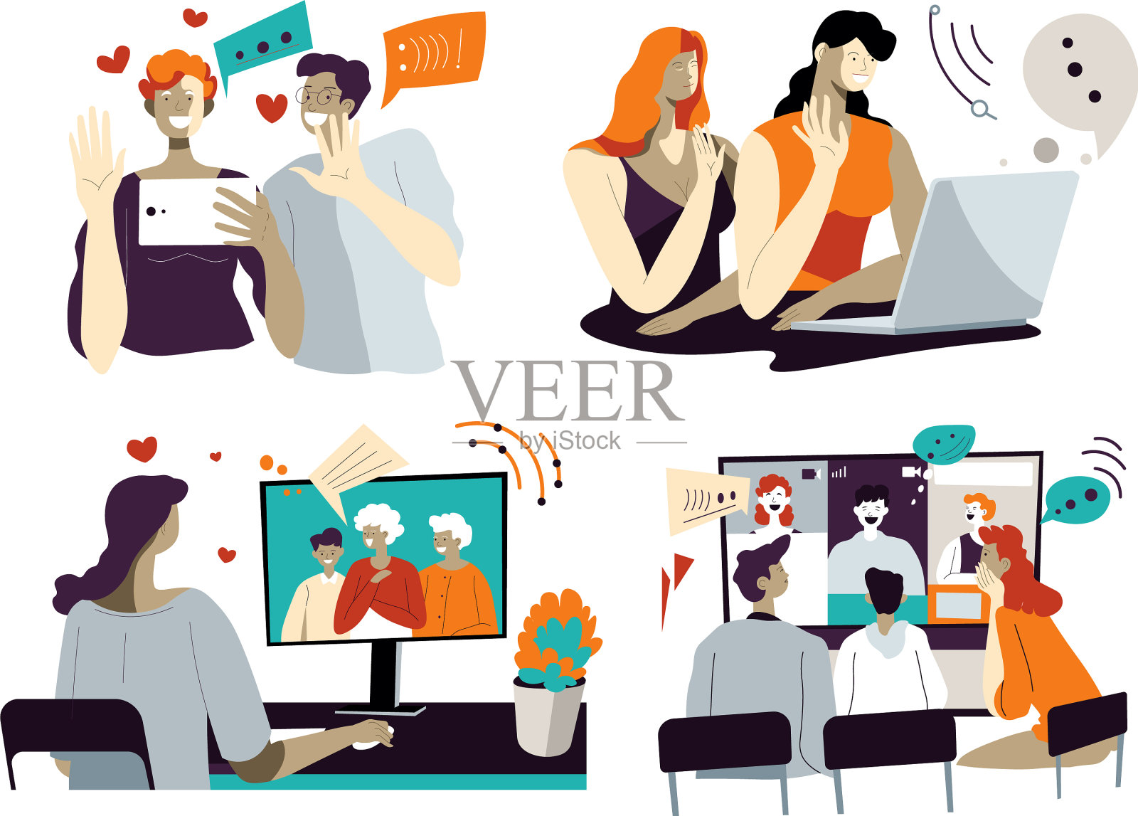 人们在网上聊天,使用视频应用插画图片素材