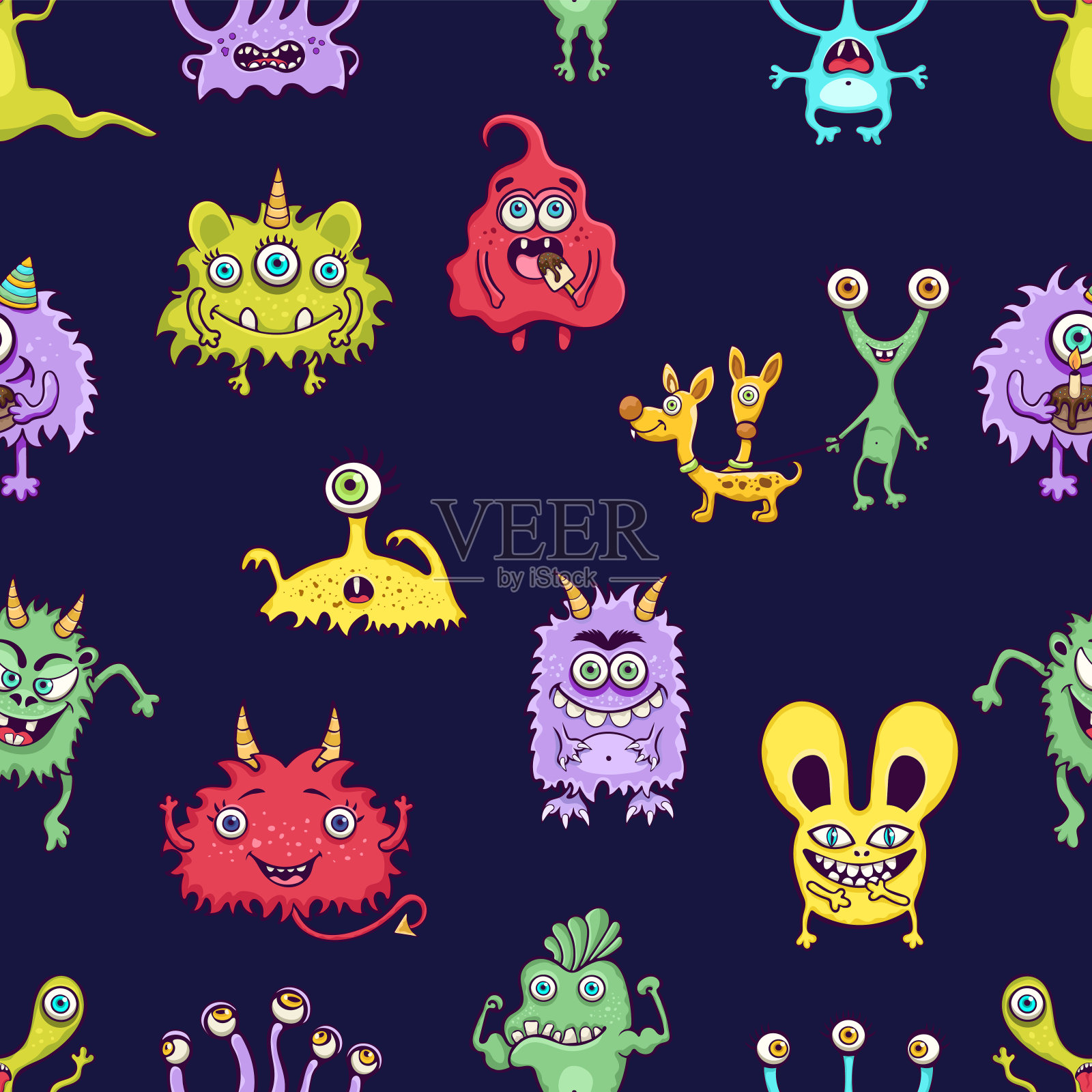 可爱的怪兽无缝图案,搞笑的卡通人物图案,儿童装饰,面料,纺织品设计。在深蓝色的背景上,欢快的彩色精灵。矢量图插画图片素材