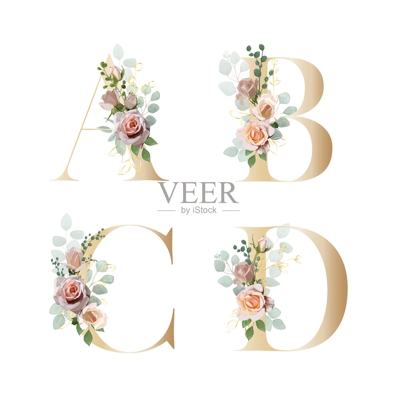 花的字母表。用植物花束固定字母。矢量插图。插画图片素材