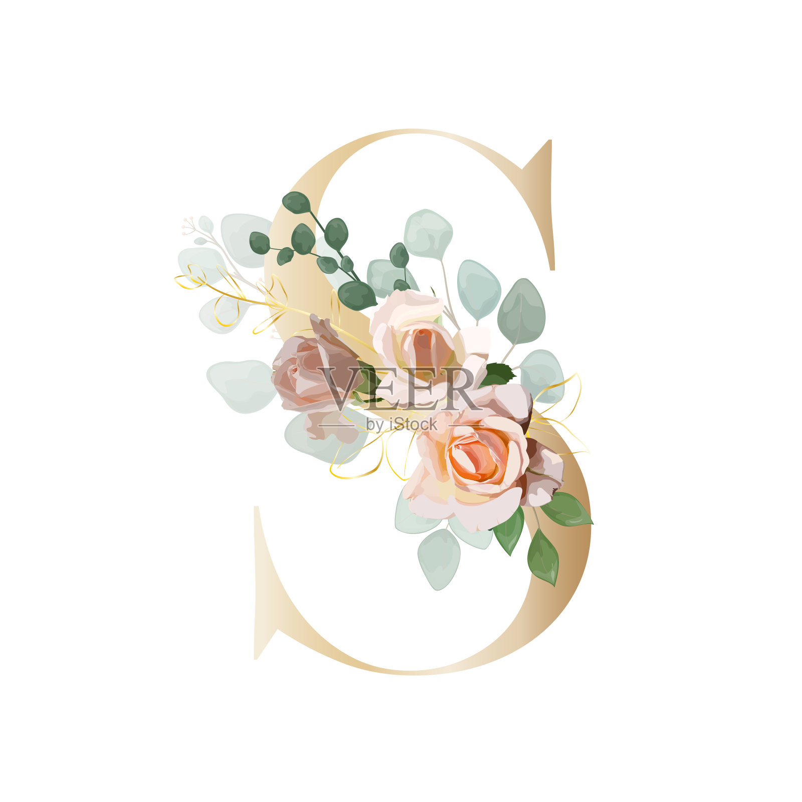 花的字母表。带着植物花束的信。矢量插图。设计元素图片