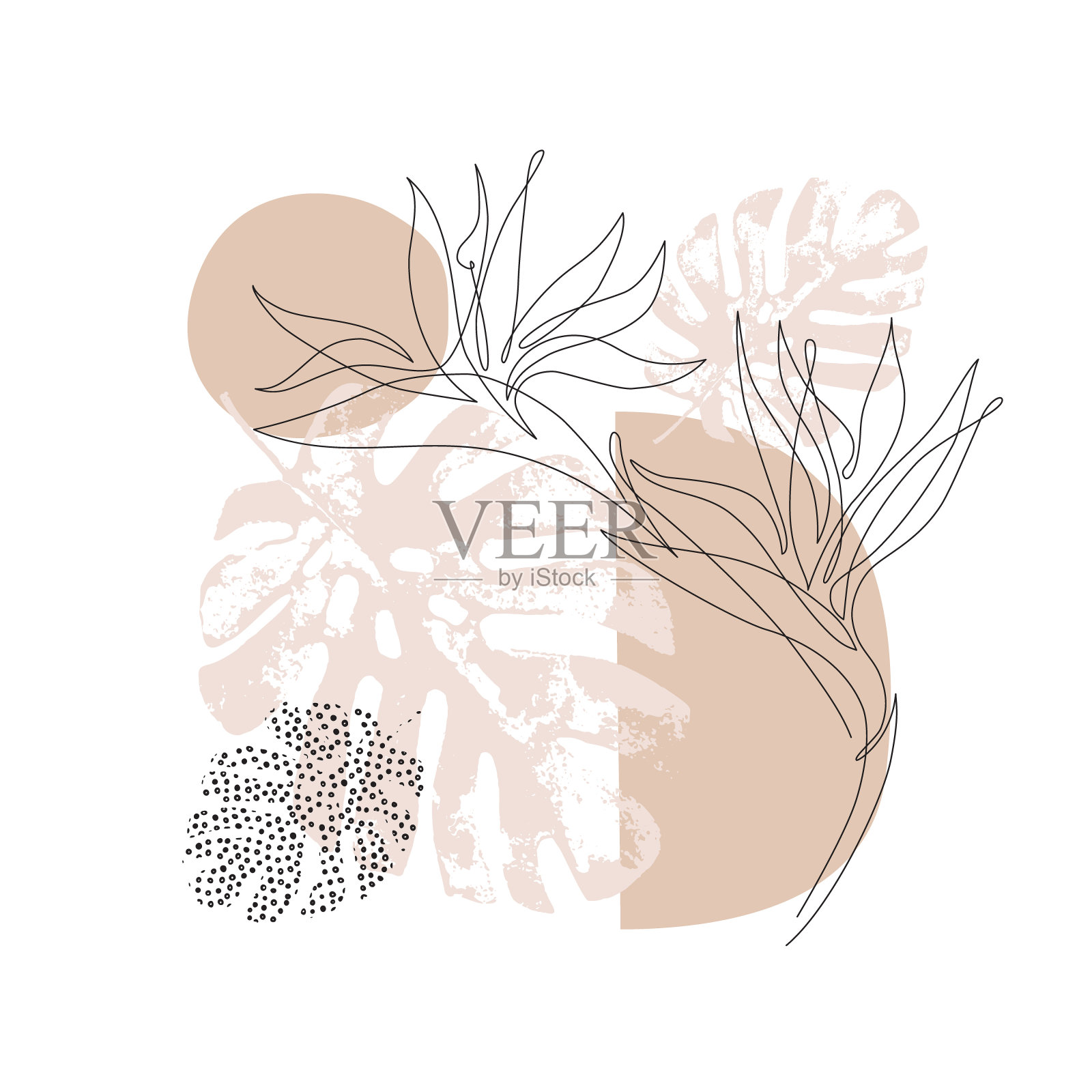 现代几何自然圆形形状,grunge热带树叶,花卉线艺术,80年代,90年代最小风格的纹理。插画图片素材