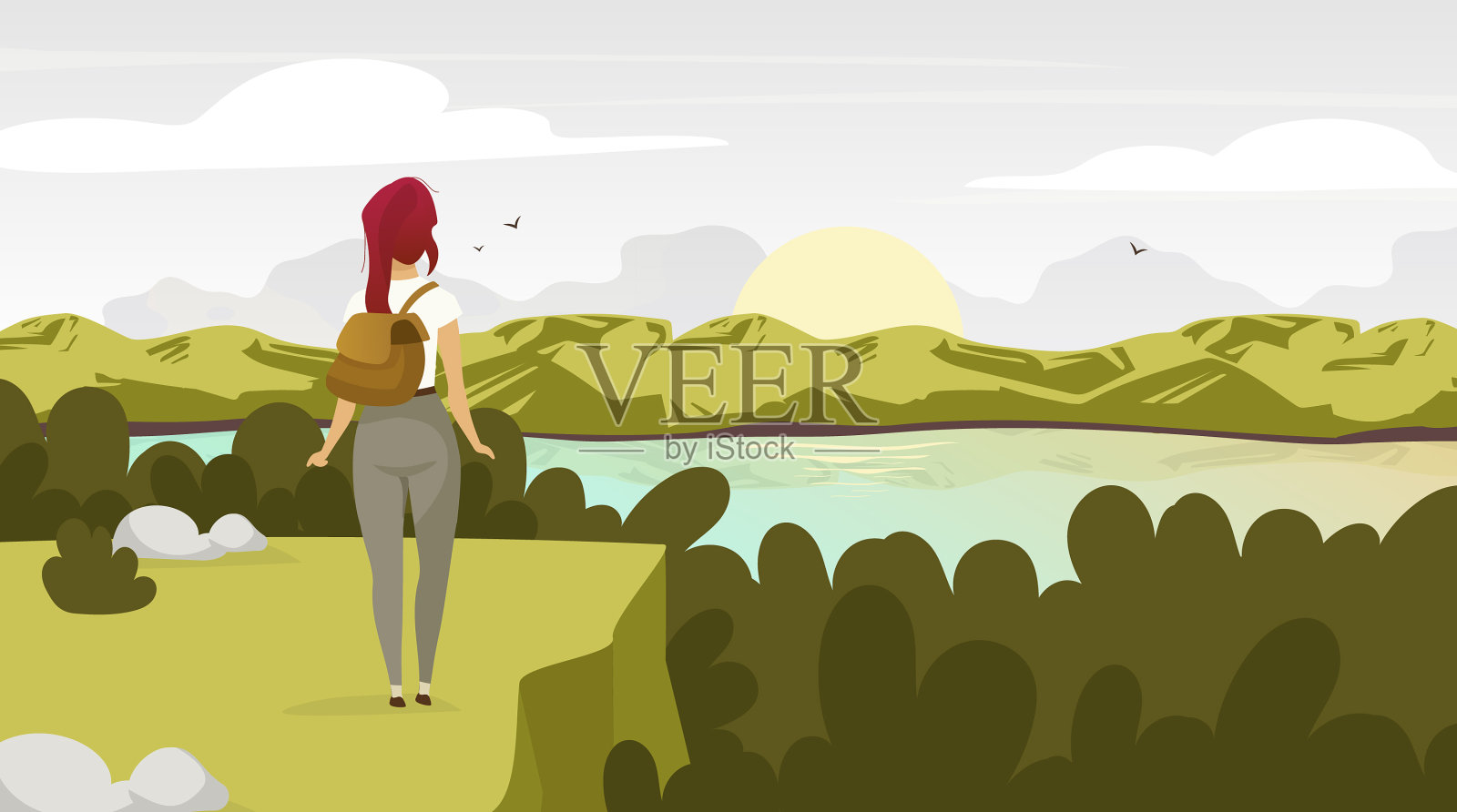 在森林平地背包客观看日出插画图片素材