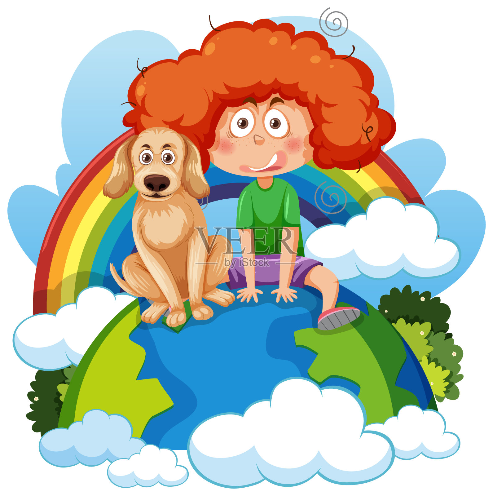 一个女孩带着一只狗坐在地球仪上插画图片素材