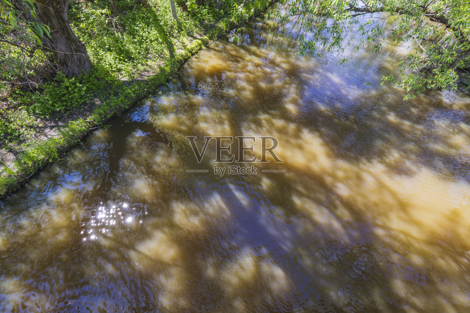 阳光明媚的夏日,从桥到河的美景,森林树木的倒影。瑞典。照片摄影图片