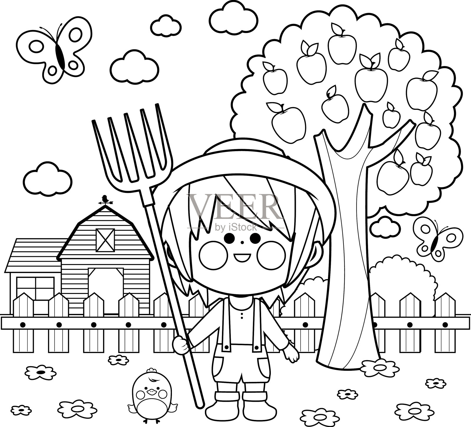 男孩在农场黑白涂色页设计元素图片