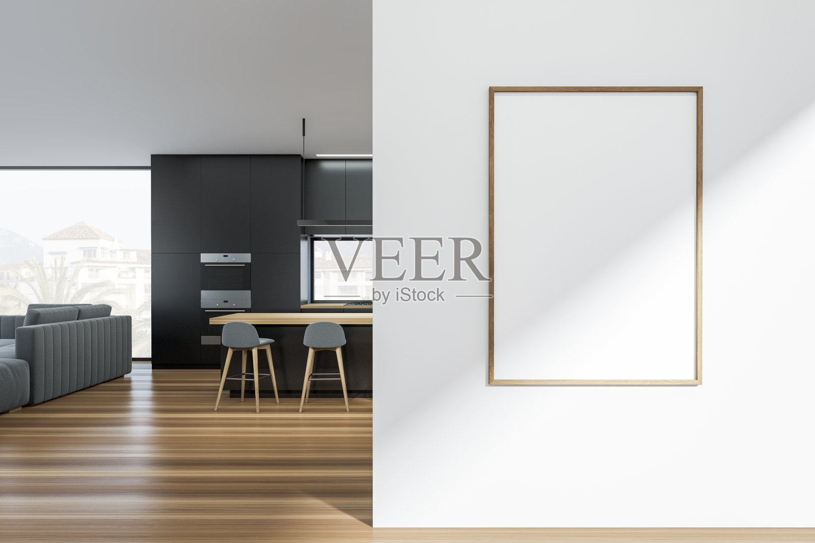 厨房内部有沙发和吧台座椅,全景窗。模型框架照片摄影图片