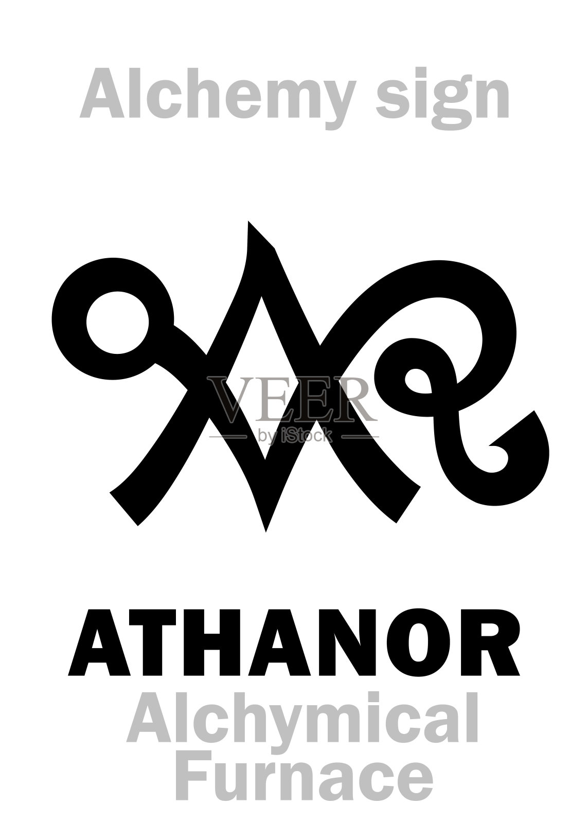 炼金术字母表:ATHANOR(阿拉伯语。炼金炉,哲学炉,奥秘炉,塔炉——炼金术消化炉,中世纪化学仪器。设计元素图片