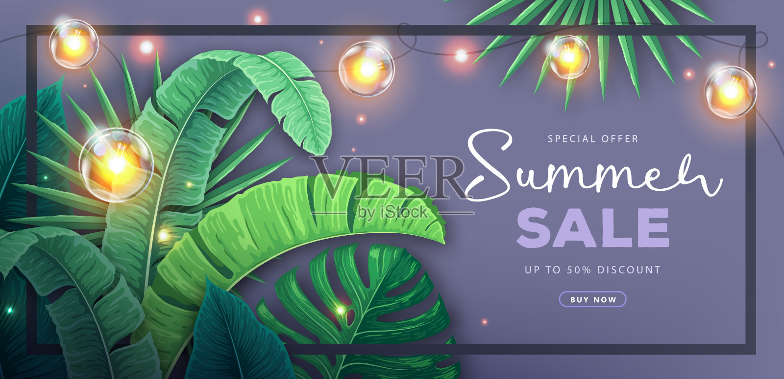 夏季大减价海报,热带树叶和串串灯。夏季热带树叶背景。矢量图设计模板素材