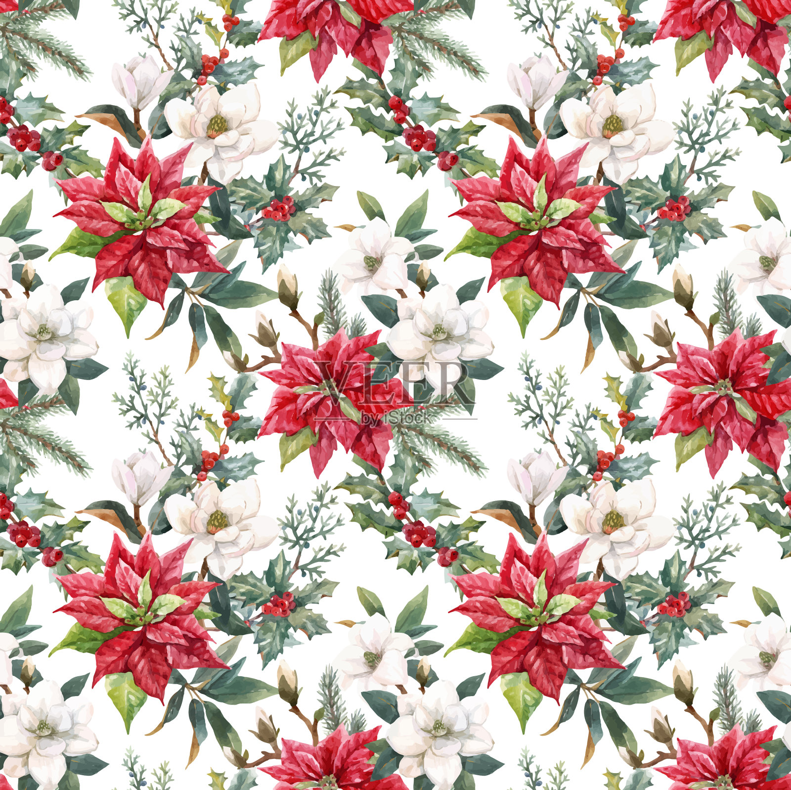 美丽的花圣诞无缝图案插画图片素材