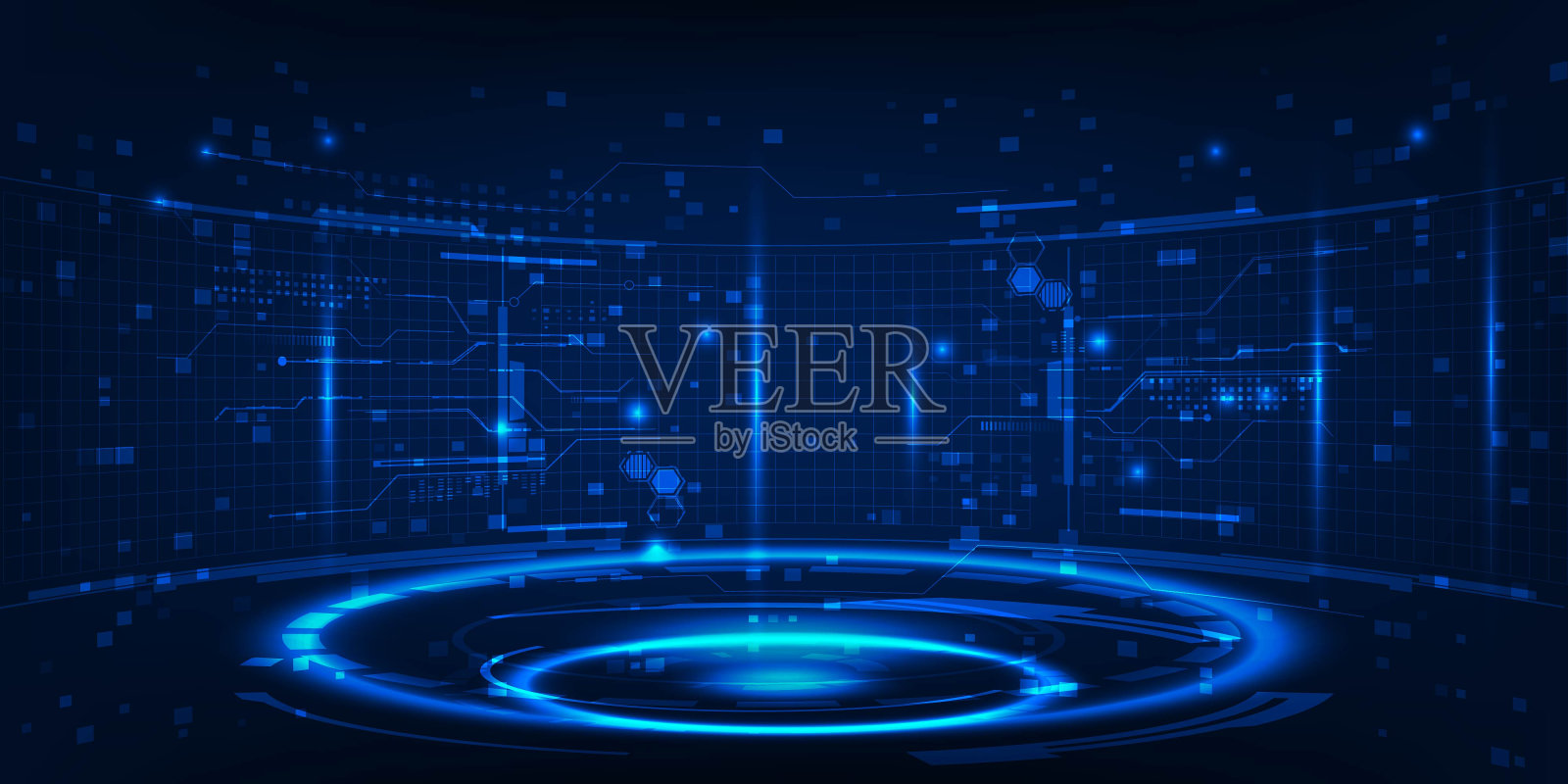 未来数字蓝色霓虹灯曲线阶段的矢量插图,高科技广告和游戏展示周围的数字元素。插画图片素材