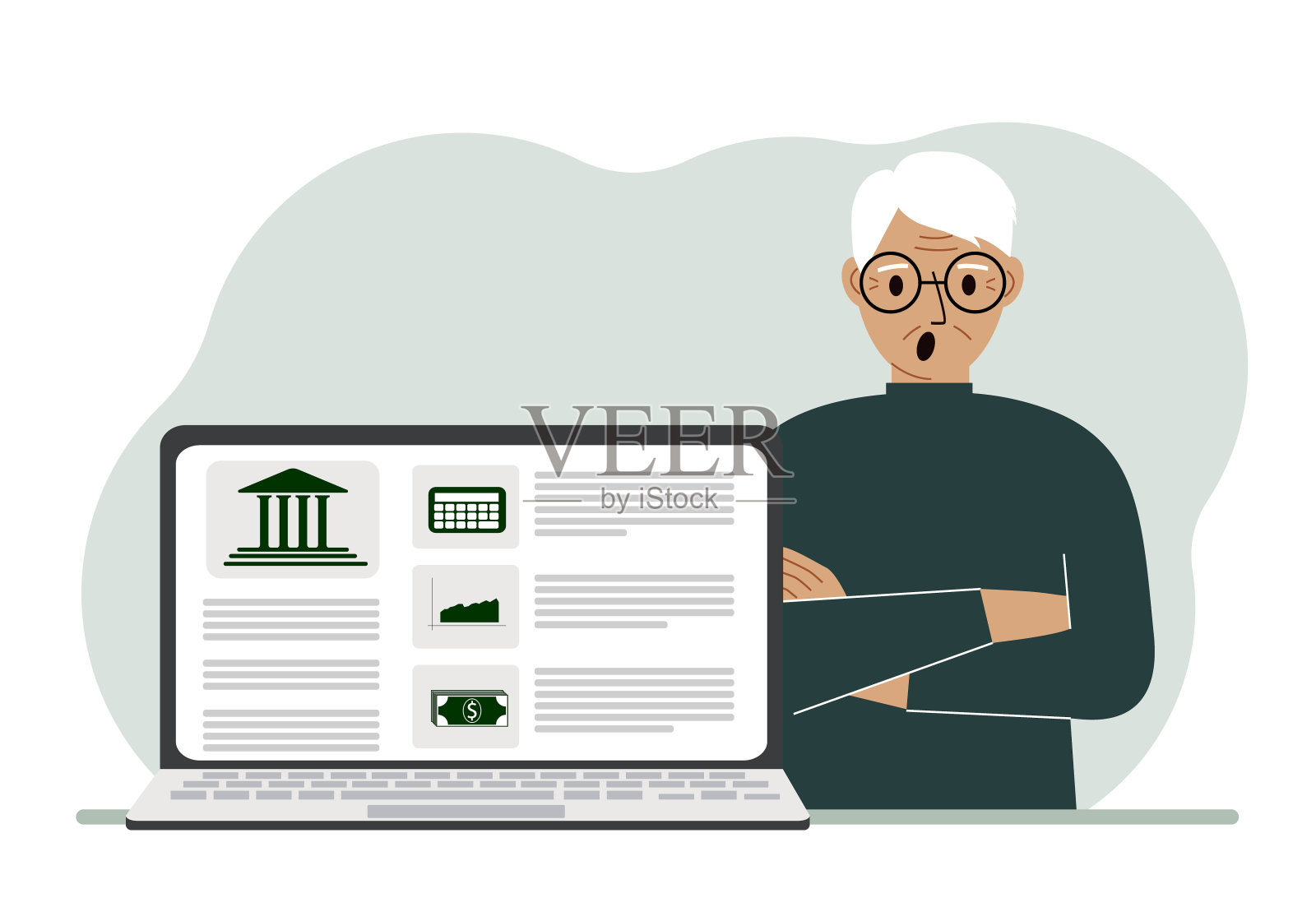 从笔记本电脑或电脑网站进行票据支付、存款、银行账户管理的概念。爷爷带着笔记本电脑和银行网站。插画图片素材