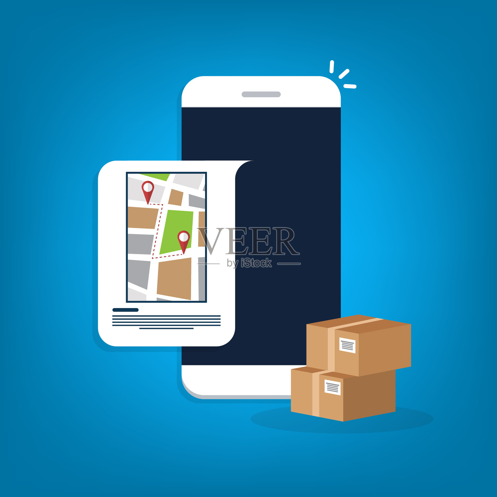 手机包裹快递跟踪。智能手机,屏幕上有城市地图和大头针,目的地位置和包装盒。插画图片素材
