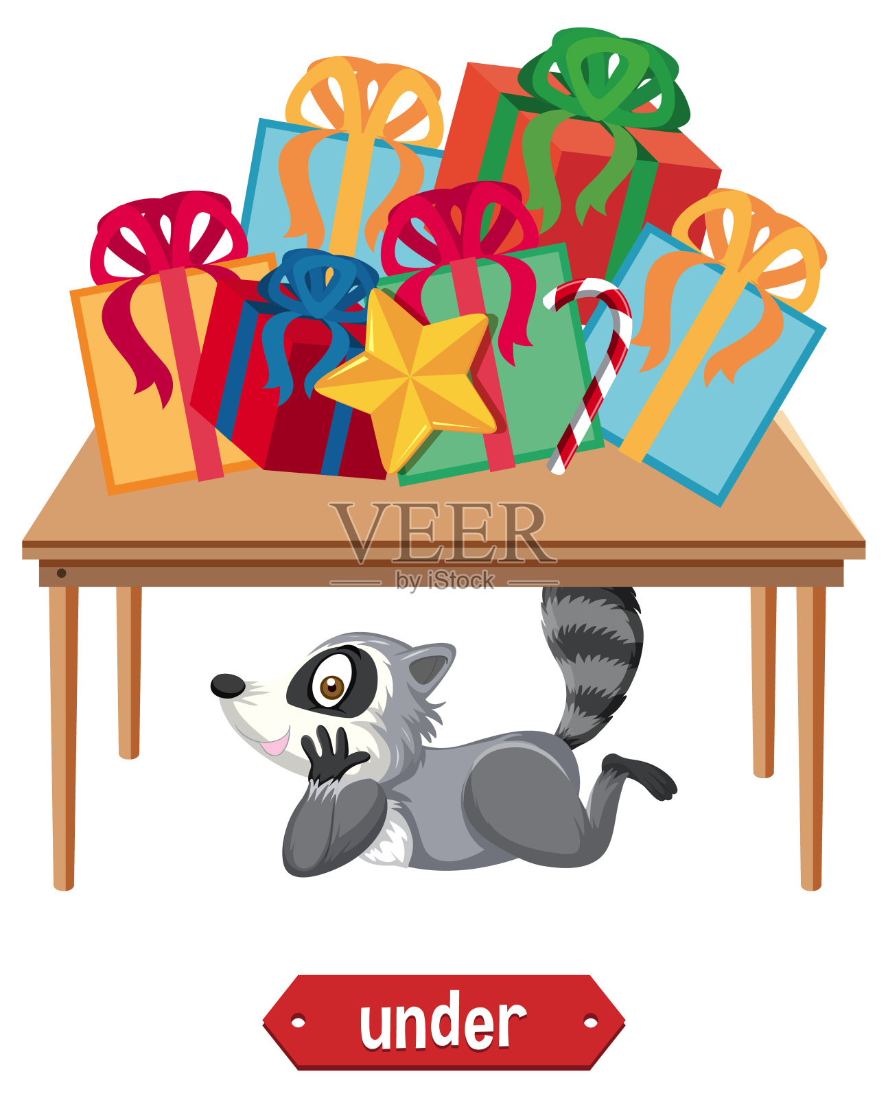 介词卡片与浣熊在桌下插画图片素材