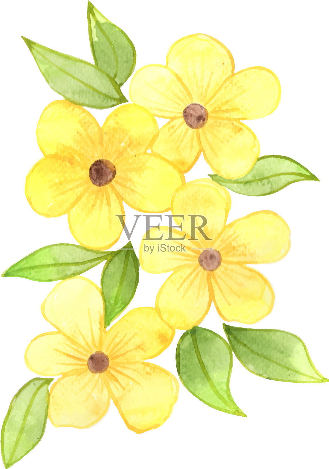 黄色的花与绿色的叶子花束水彩设计元素图片
