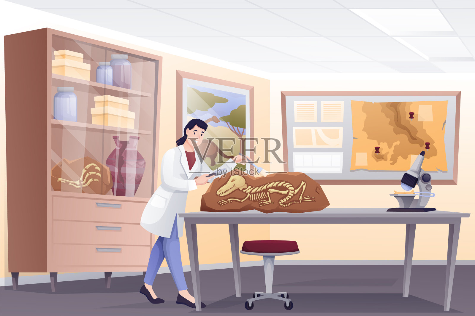 古生物学家在实验室用化石做研究插画图片素材