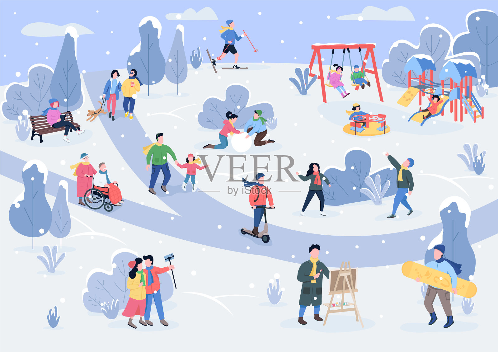 休息在冬季公园平坦的颜色插画图片素材