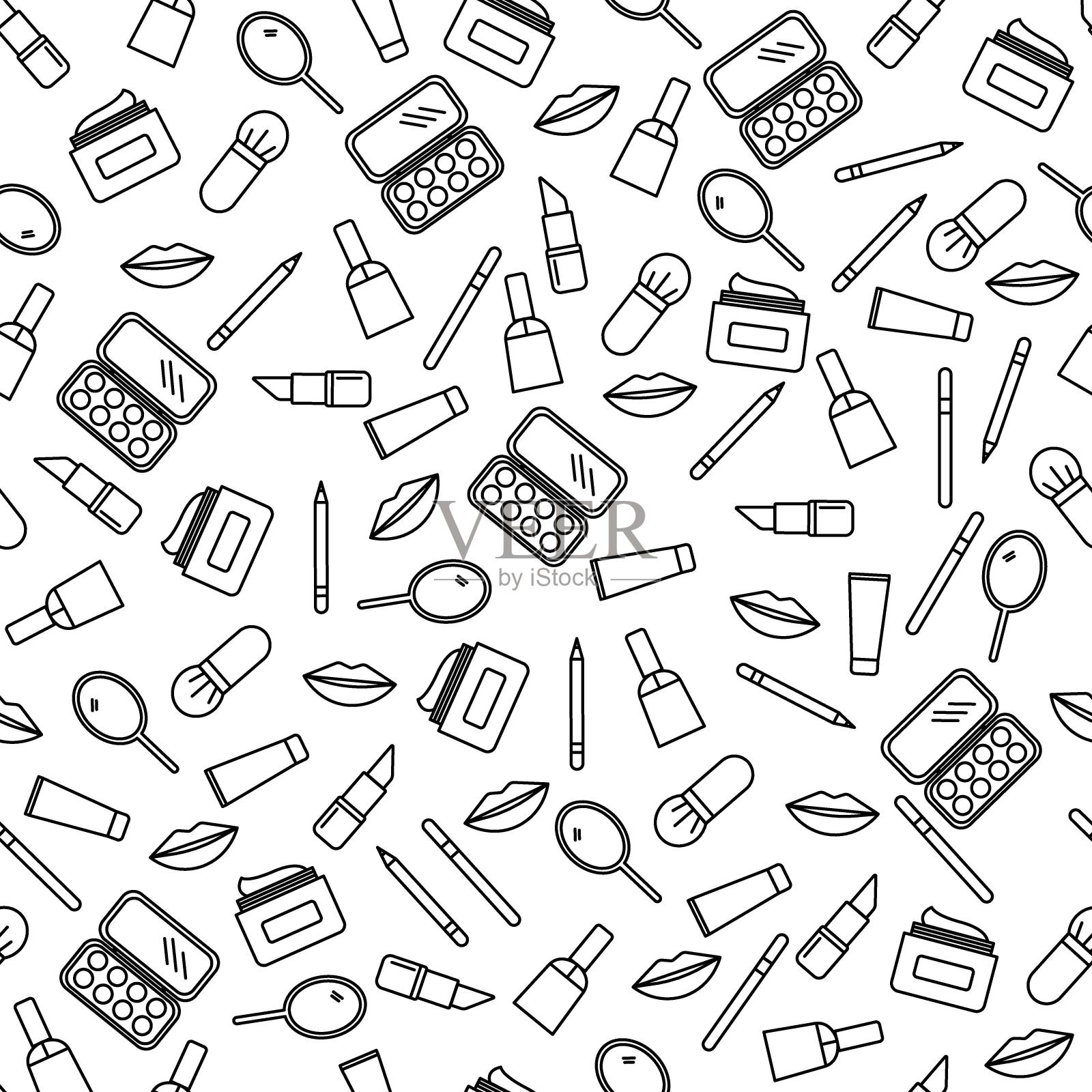 化妆品和化妆矢量无缝图案在线条艺术风格插画图片素材