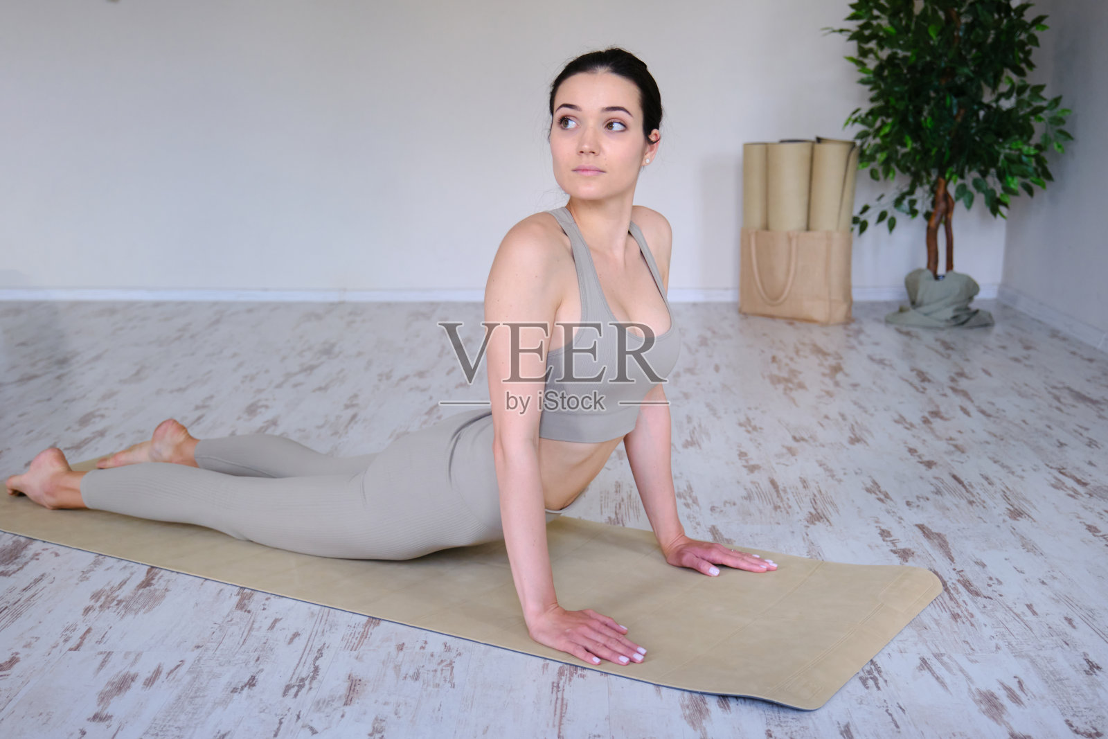 年轻漂亮的女人在工作室做瑜伽,站在狗的姿势。照片摄影图片