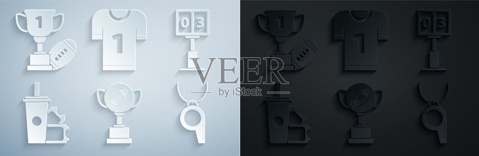 设置奖杯和美式足球运动图标素材