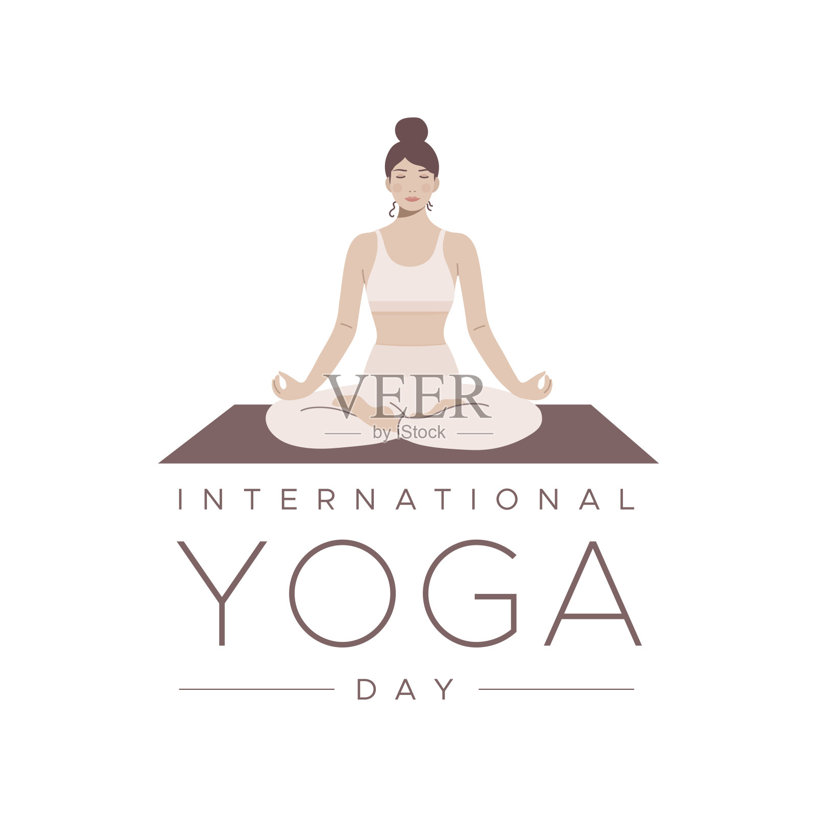 国际瑜伽的一天。闭着眼睛摆莲花姿势的女人。平衡、冷静、冥想的概念。矢量插图,平面设计插画图片素材