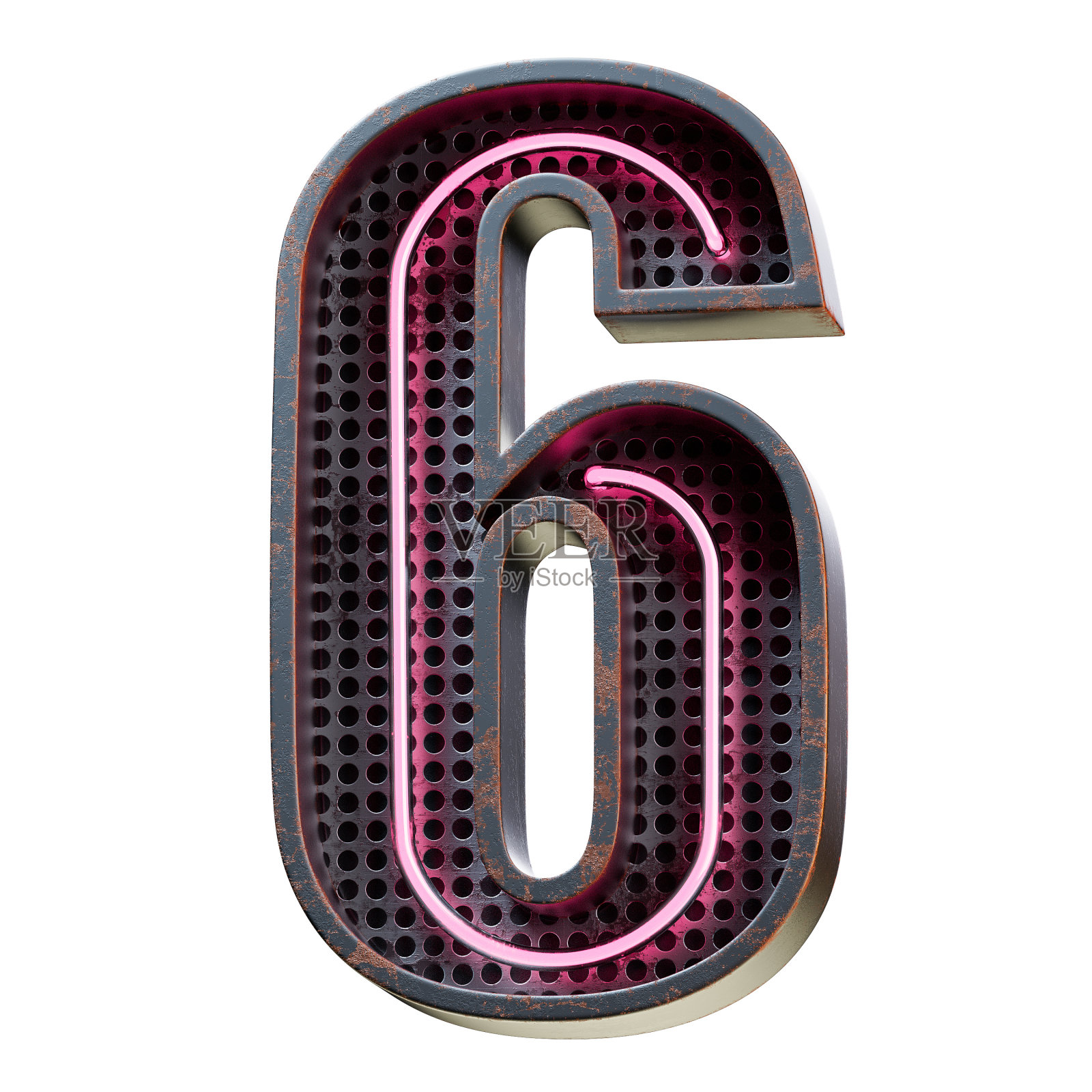 3D插图粉红霓虹灯数字数字字符6字体。黑色生锈金属盒内的粉色发光效果。3d渲染孤立在白色背景。照片摄影图片