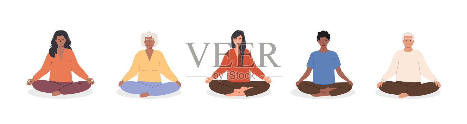 一组多样的女性和男性冥想者插画图片素材
