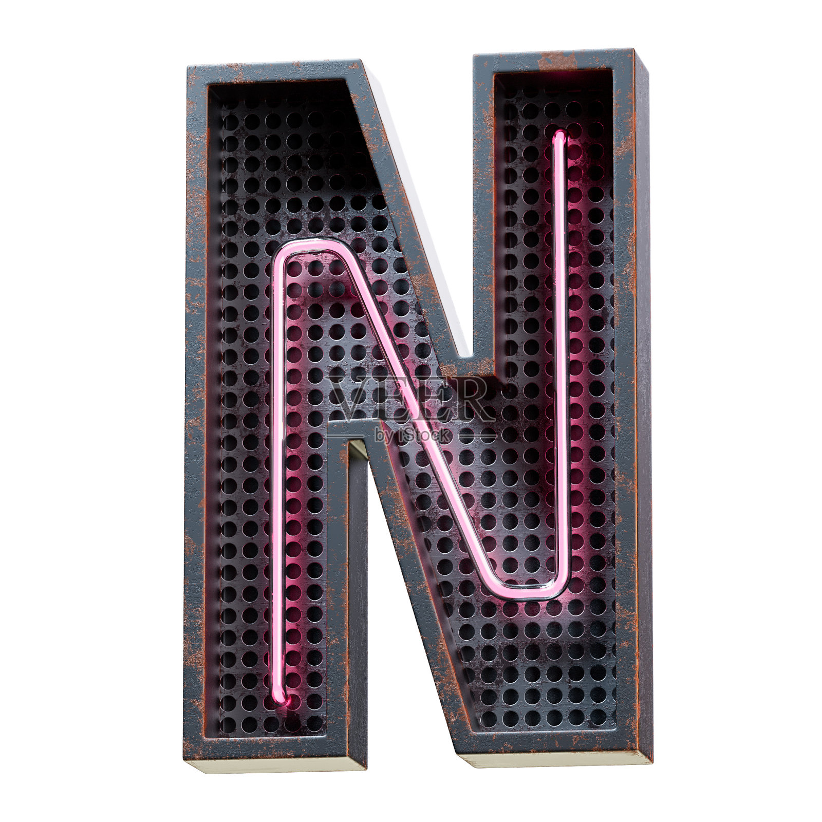 3D插图粉色霓虹灯字母字符大写字母n霓虹灯管大写字母在黑色生锈的金属盒中的粉色发光效果。3d渲染孤立在白色背景。照片摄影图片