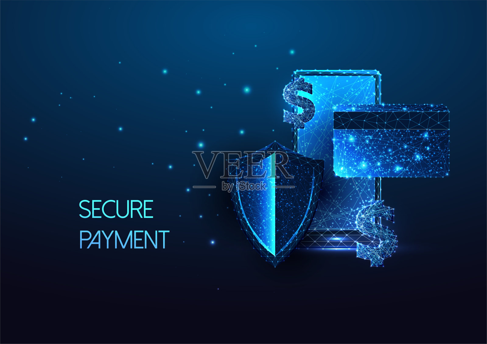 未来安全支付,网上银行的概念与辉光智能手机,信用卡,盾,美元设计模板素材