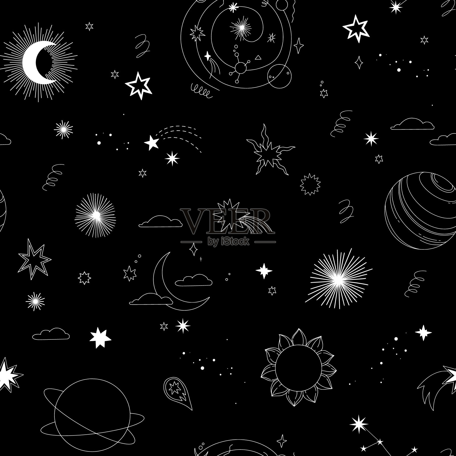 现代手绘矢量无缝图案 - 宇宙和行星、星星、太阳、彗星。宇宙线条画。太阳系背景。具有魔幻图案、星座、月相的潮流空间符号插画图片素材