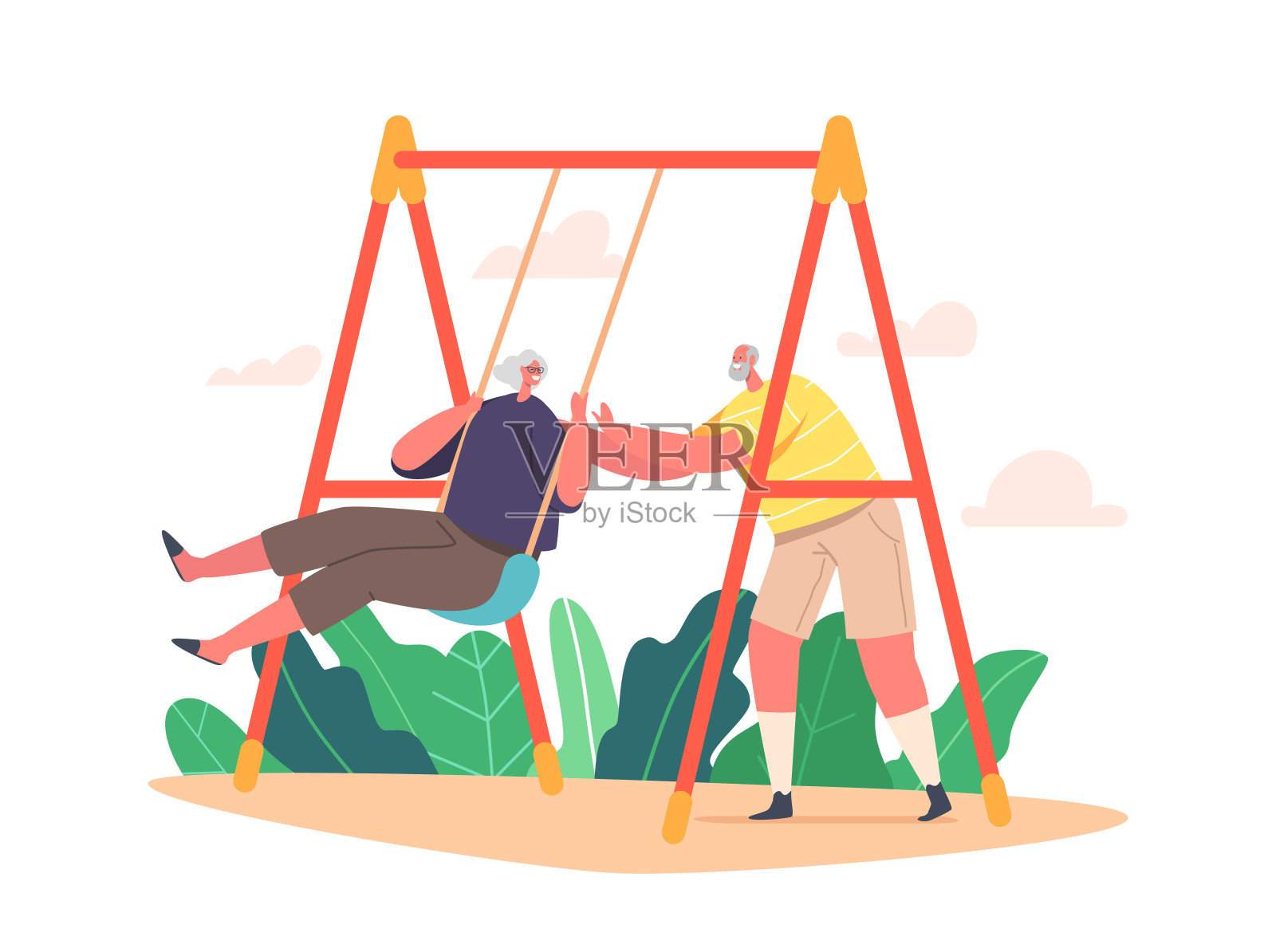 有趣的退休老人摇摆在跷跷板上,老人角色一起玩耍和乐趣。老爱夫妻户外乐趣插画图片素材