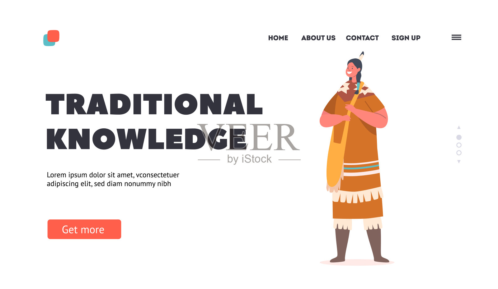 传统的知识登陆页面模板。女孩穿美国印第安民族服装。孩子的女性角色插画图片素材