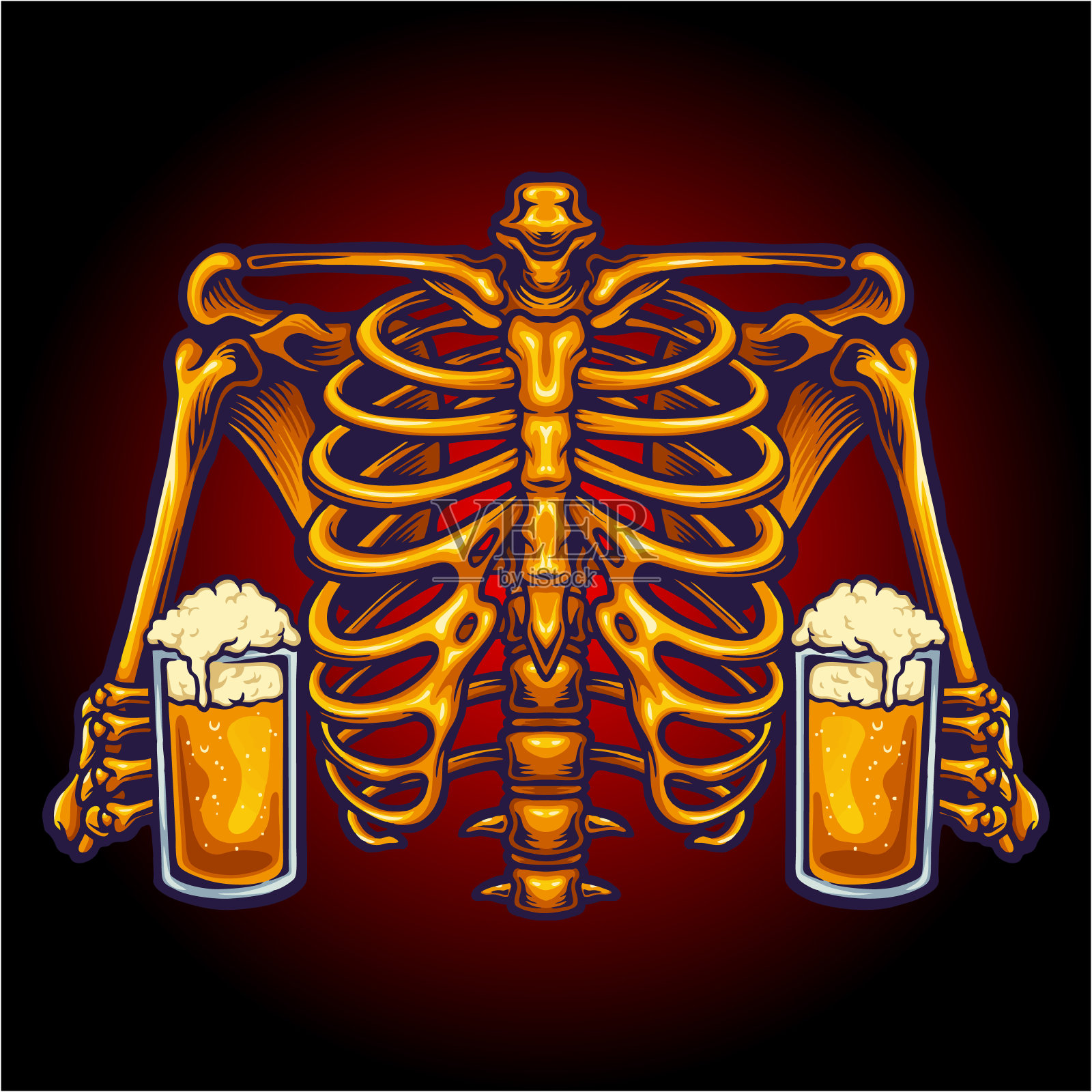 肋骨骨配喝两瓶啤酒插画图片素材