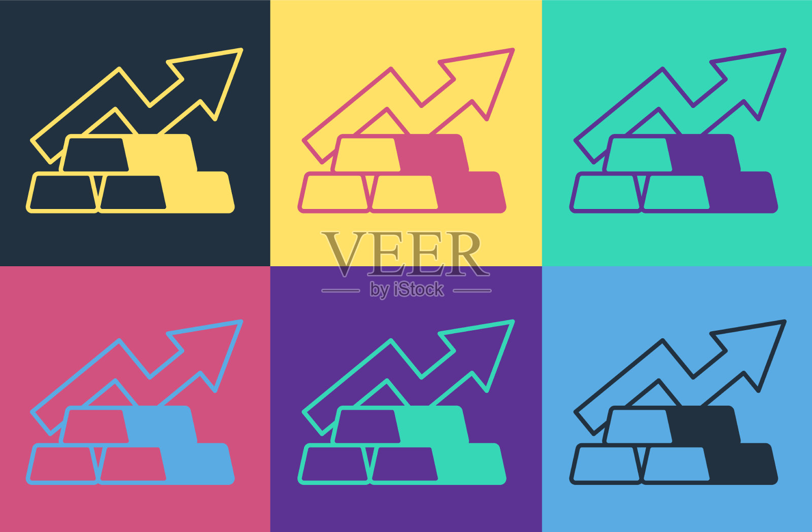 波普艺术金融增长图表箭头与金条图标素材