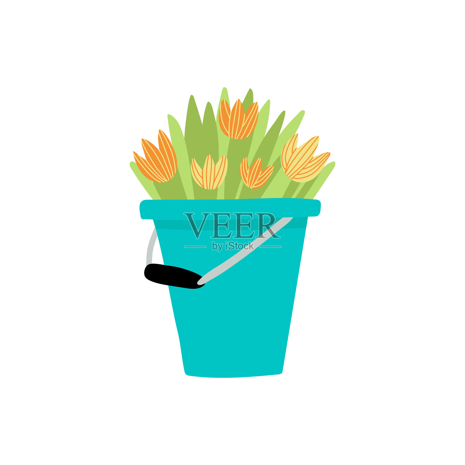 可爱的桶与郁金香在卡通风格平设计元素图片